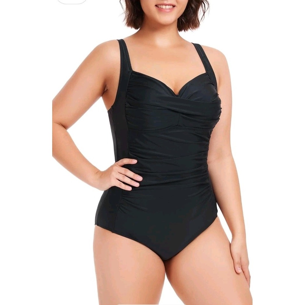 Ocean Blues Women's Black‎ Plunge Neck Runched Front One Piece Swimsuit XL $120